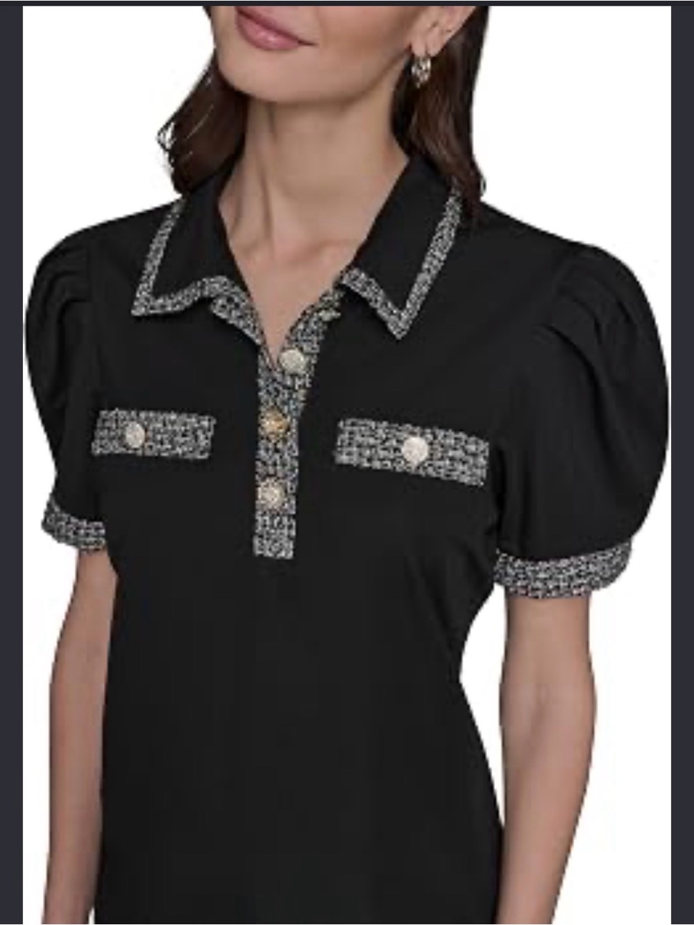 Karl Lagerfeld Black Polo Top with Tweed-Trim Details